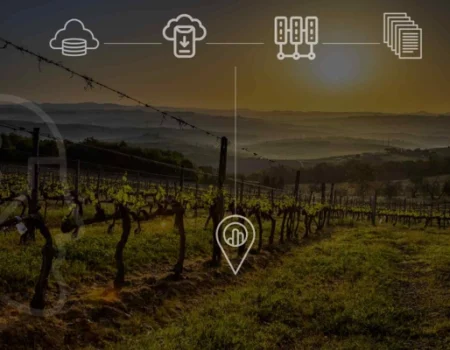 artica+i. Imagen para la galería interior del caso de éxito (nuestros proyectos) "BIGPREDIDATA. Proyecto de I+D de colaboración público-privada que desarrolla soluciones tecnológicas 4.0 para predicción del rendimiento de viñedos de vinificación", mostrando un detalle de una finca con iconos tecnológicos superpuestos